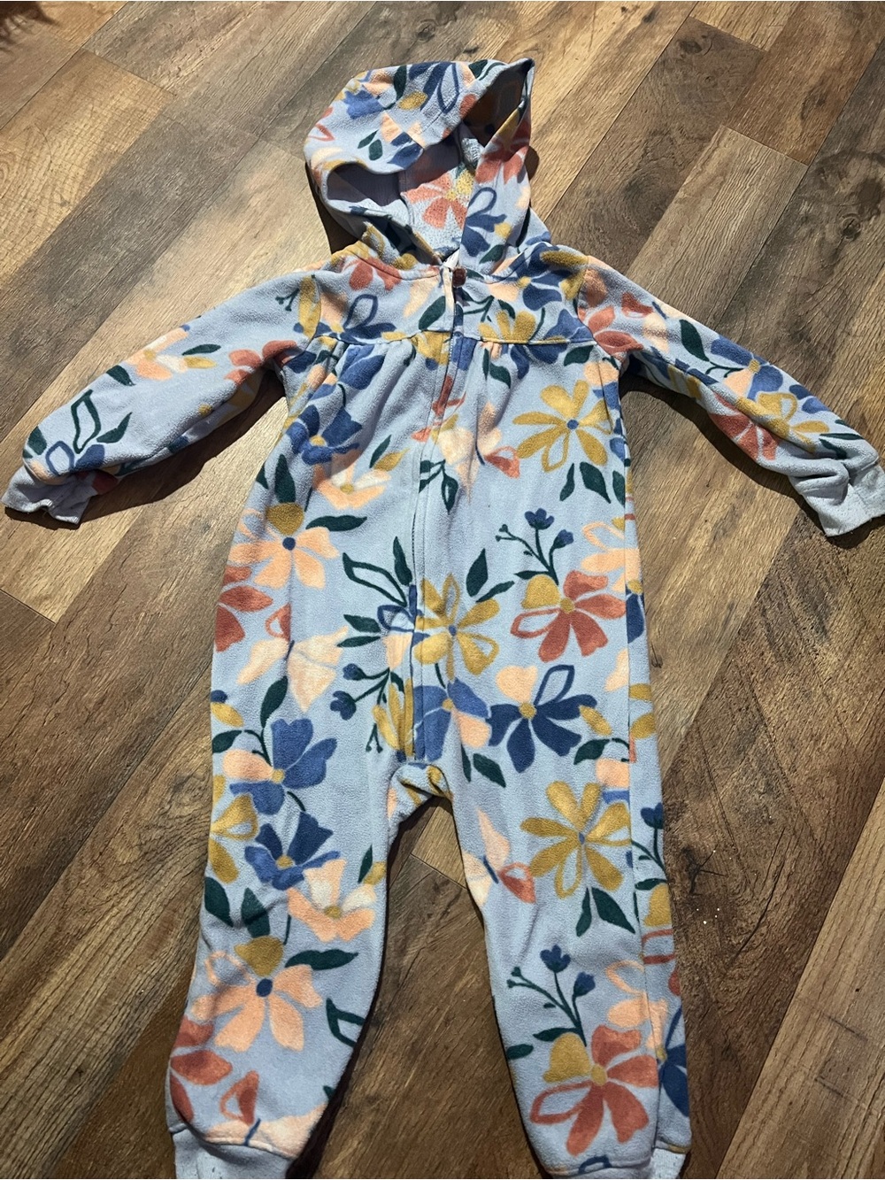 Toddler Floral Hooded Fleece One-Piece - Light Blue